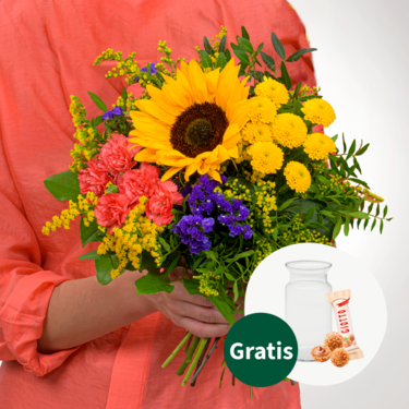 Blumenstrauß Sonnengrüße mit Vase & Ferrero Giotto 3er