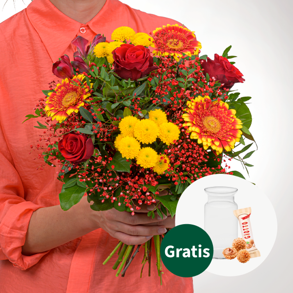 Blumenstrauß Glücksgefühl mit Vase & Ferrero Giotto 3er