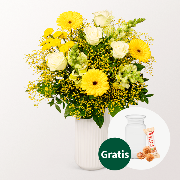 Blumenstrauß Sonnenfreude mit Vase & Ferrero Giotto 3er