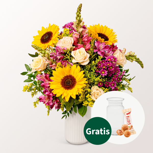 Blumenstrauß Sommerfreude mit Vase & Ferrero Giotto 3er