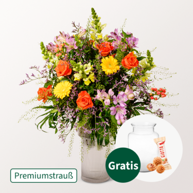 Premiumstrauß Sommergarten mit Premiumvase & Ferrero Giotto 3er