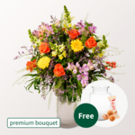 Premium Bouquet Sommergarten with premium vase & 3 Ferrero Giotto