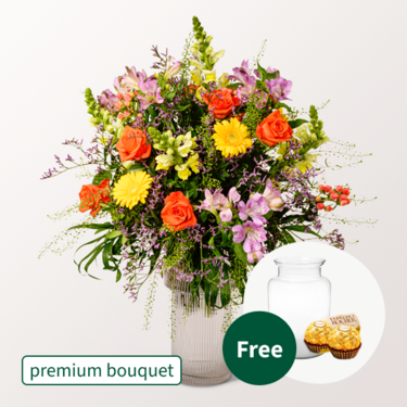 Premium Bouquet Sommergarten with premium vase & 2 Ferrero Rocher