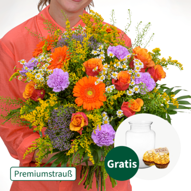 Premiumstrauß Blütenwiese mit Premiumvase & 2 Ferrero Rocher