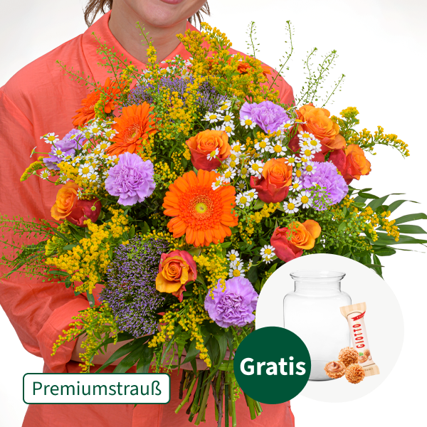 Premiumstrauß Blütenwiese mit Premiumvase & Ferrero Giotto 3er