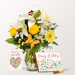 Birthday Set with Flower Bouquet, Merci Chocolate, Greeting Card and with Merci & vase