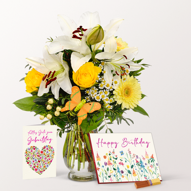 Birthday Set with Flower Bouquet, Merci Chocolate, Greeting Card and with Merci & vase