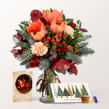 St. Nicholas Day Set with Flower Bouquet, Merci Chocolate, Greeting Card and with vase