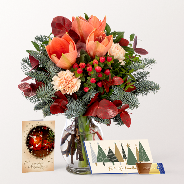 St. Nicholas Day Set with Flower Bouquet, Merci Chocolate, Greeting Card and with vase