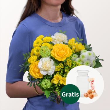 Blumenstrauß Frühlingsglanz mit Vase & Ferrero Giotto 3er