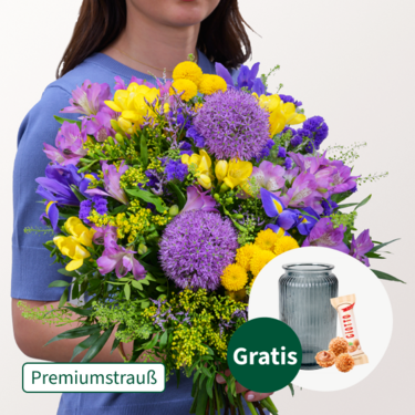 Premiumstrauß Frühlingsfest mit Premiumvase & Ferrero Giotto 3er