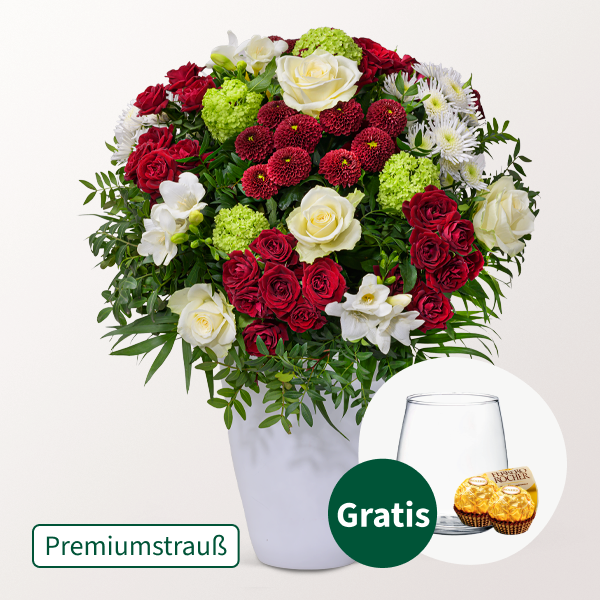 Premiumstrauß Blütenromanze mit Premiumvase & 2 Ferrero Rocher