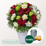 Premiumstrauß Blütenromanze mit Premiumvase & 2 Ferrero Rocher