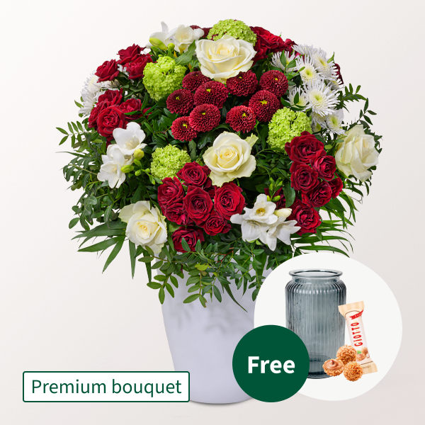 Premium Bouquet Blütenromanze with Premium Vase & 3 Ferrero Giotto