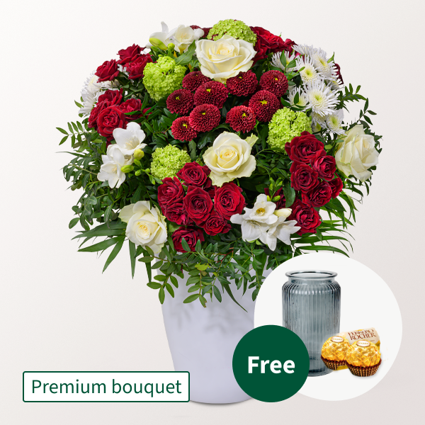 Premium Bouquet Blütenromanze with Premium Vase & 2 Ferrero Rocher