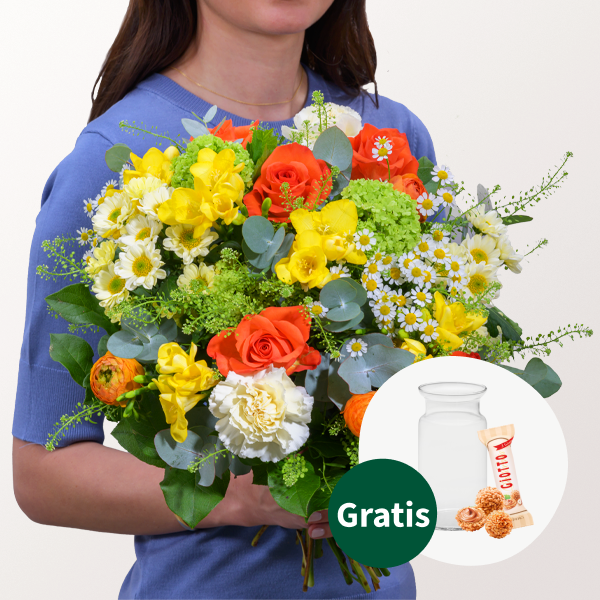 Blumenstrauß Frühlingswiese mit Vase & Ferrero Giotto 3er