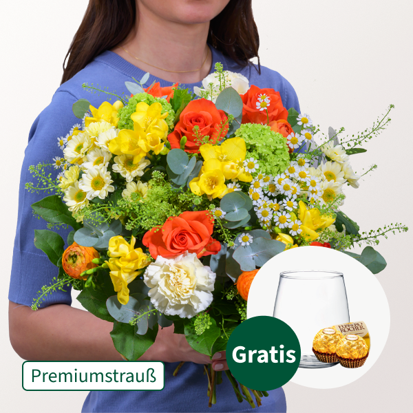 Premiumstrauß Frühlingswiese mit Premiumvase & 2 Ferrero Rocher