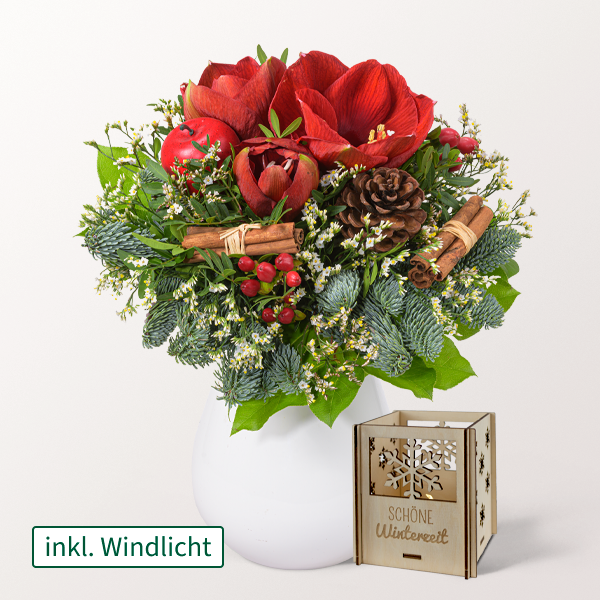 Weihnachts-Set mit Blumenstrauß, mit Vase & Windlicht