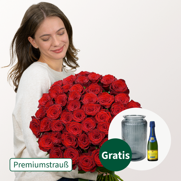 Premiumstrauß Paris mit Premiumvase & Champagner