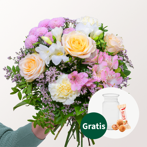 Blumenstrauß Frühlingsgruß mit Vase & Ferrero Giotto 3er