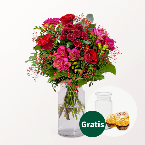 Blumenstrauß Liebesbrise mit Vase & 2 Ferrero Rocher