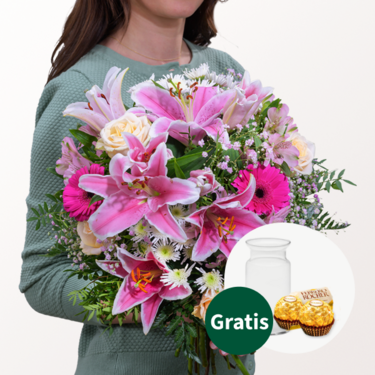 Blumenstrauß Von Herzen mit Vase & 2 Ferrero Rocher