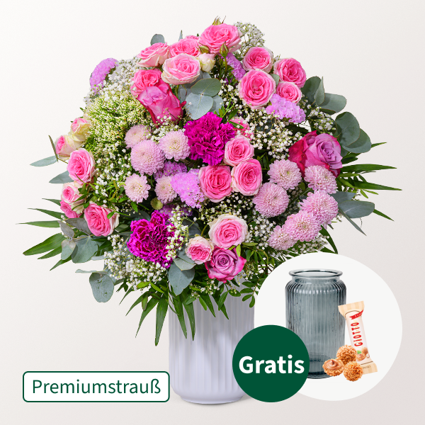 Premiumstrauß Blütenliebe mit Premiumvase & Ferrero Giotto 3er