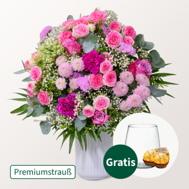 Premiumstrauß Blütenliebe mit Premiumvase & 2 Ferrero Rocher