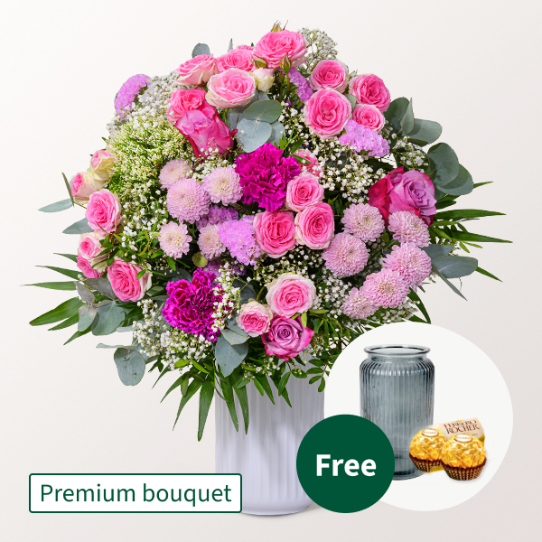 Premium Bouquet Blütenliebe with Premium Vase & 2 Ferrero Rocher