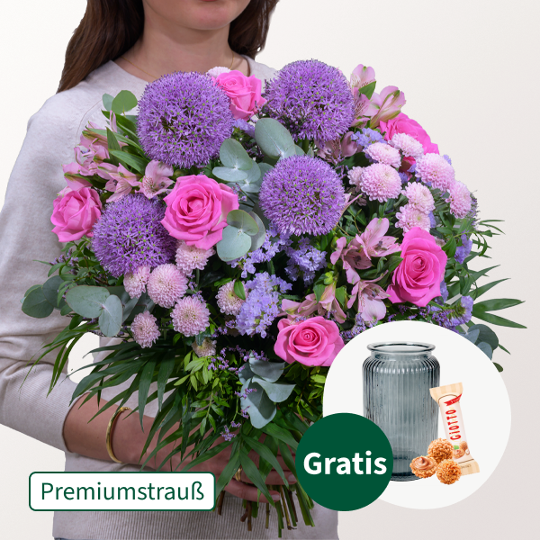 Premiumstrauß Danke mit Premiumvase & Ferrero Giotto 3er