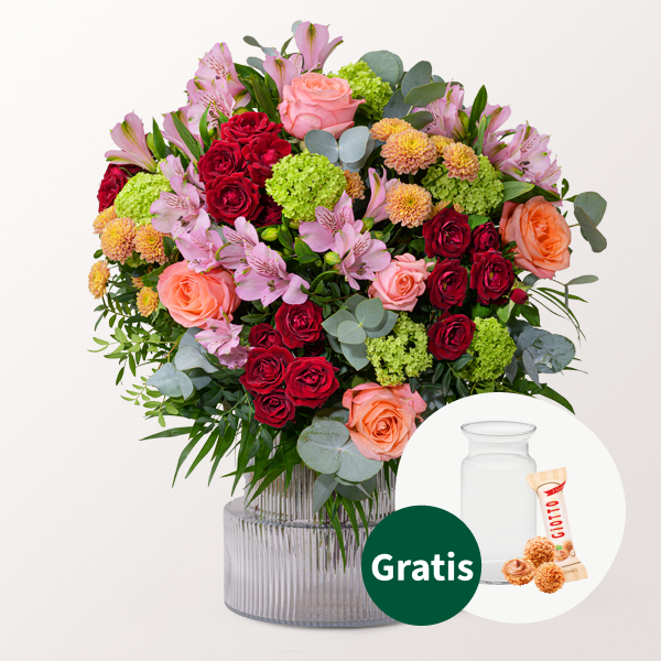 Blumenstrauß Lieber Gruß mit Vase & Ferrero Giotto 3er