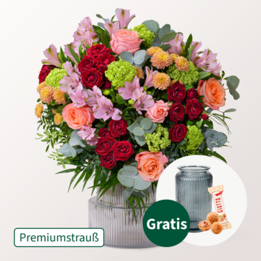 Premiumstrauß Lieber Gruß mit Premiumvase & Ferrero Giotto 3er