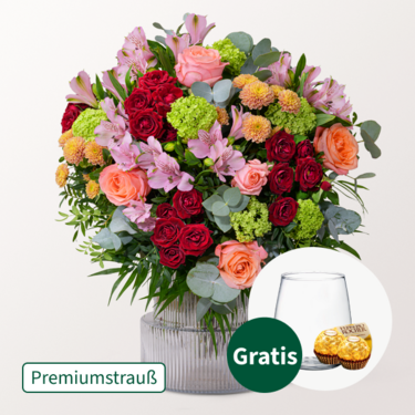 Premiumstrauß Lieber Gruß mit Premiumvase & 2 Ferrero Rocher