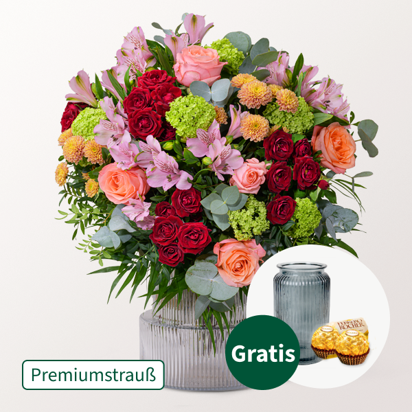 Premiumstrauß Lieber Gruß mit Premiumvase & 2 Ferrero Rocher