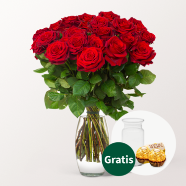 Rote Valentinstags-Rosen im Bund mit Vase & 2 Ferrero Rocher