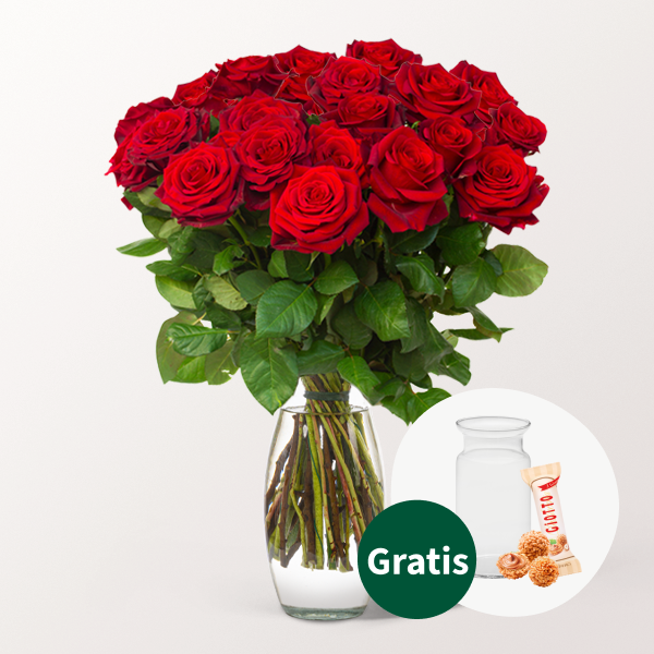 Rote Frauentags-Rosen im Bund mit Vase & Ferrero Giotto 3er