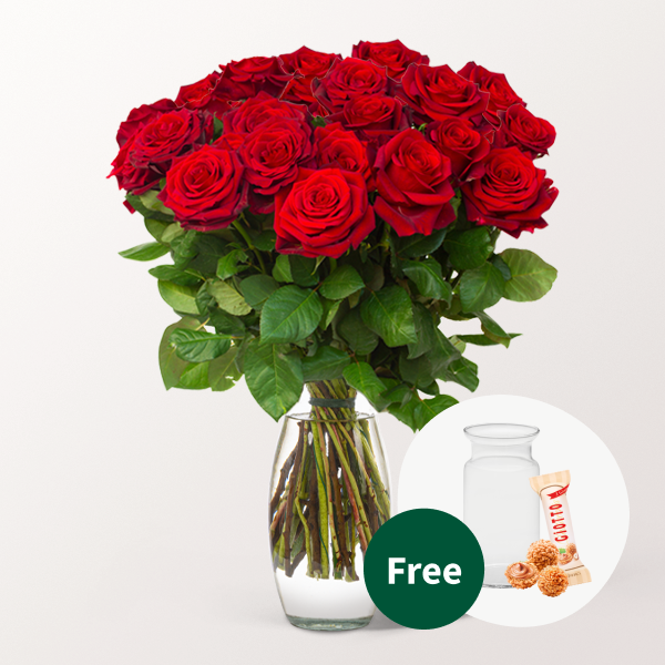 Red Women's Day Roses in a Bunch with vase & 3 Ferrero Giotto