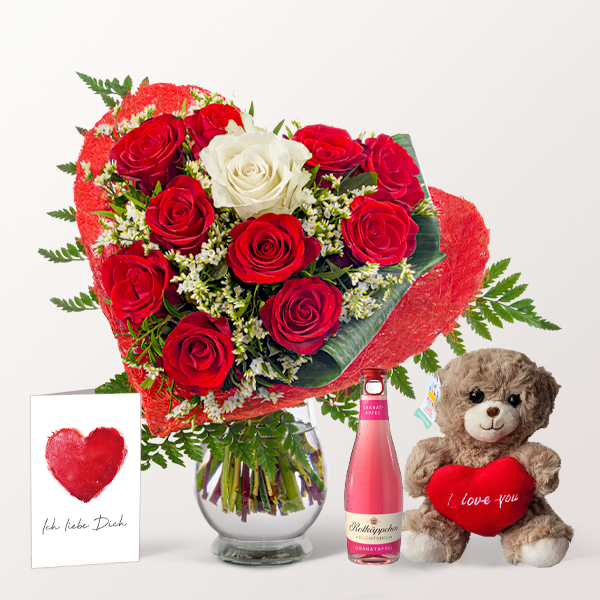 Rose Bouquet Romeo with vase & Fruity Sparkling Wine