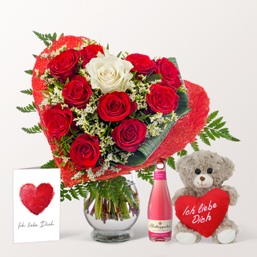 Rose Bouquet Romeo with vase & Greeting Card & Fruity Sparkling Wine