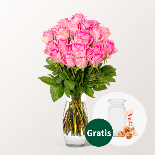 Pinke Frauentags-Rosen im Bund mit Vase & Ferrero Giotto 3er