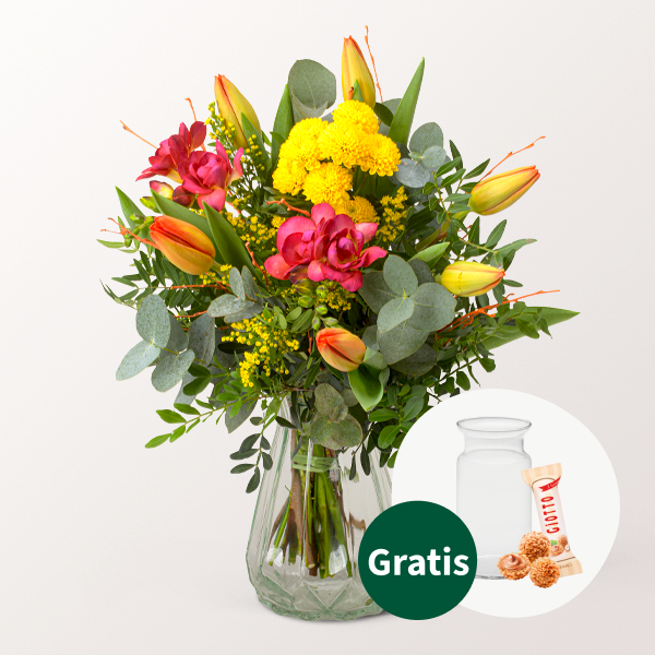 Blumenstrauß Frühlingsfee mit Vase & Ferrero Giotto 3er