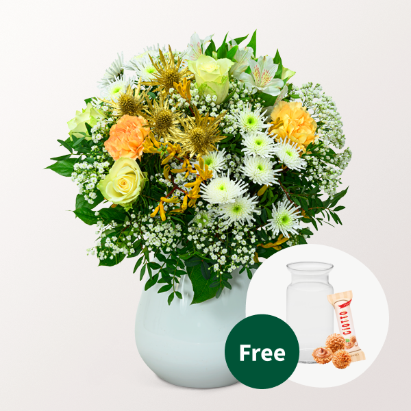 Flower Bouquet Goldschimmer with vase & 3 Ferrero Giotto