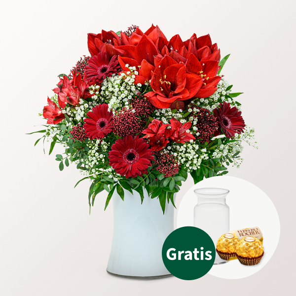 Flower Bouquet Red Velvet with vase & 2 Ferrero Rocher