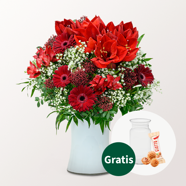 Blumenstrauß Red Velvet mit Vase & Ferrero Giotto 3er