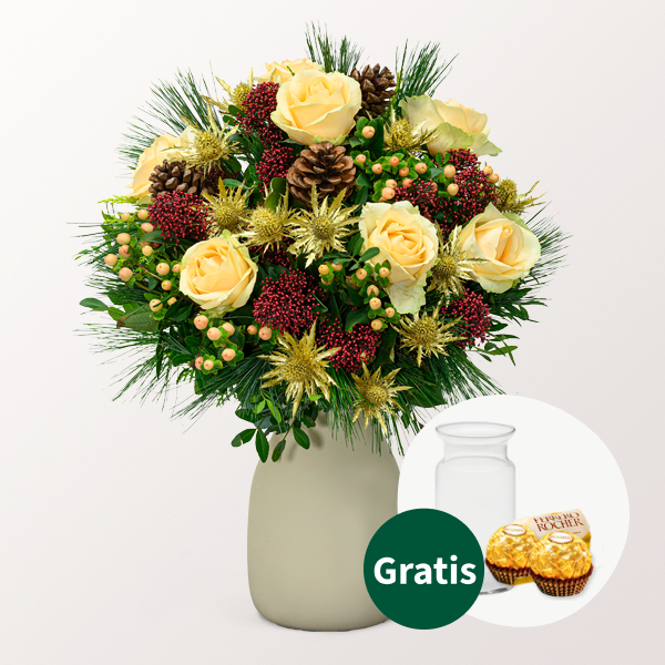 Blumenstrauß Goldglöckchen mit Vase & 2 Ferrero Rocher