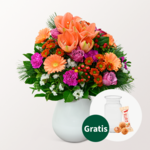 Blumenstrauß Peachy Christmas mit Vase & Ferrero Giotto 3er