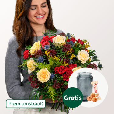 Premiumstrauß Sternstunde mit Premiumvase & Ferrero Giotto 3er