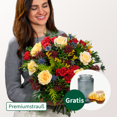 Premiumstrauß Sternstunde mit Premiumvase & 2 Ferrero Rocher