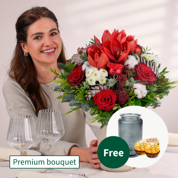 Premium Bouquet Winterfarben with Premium Vase & 2 Ferrero Rocher