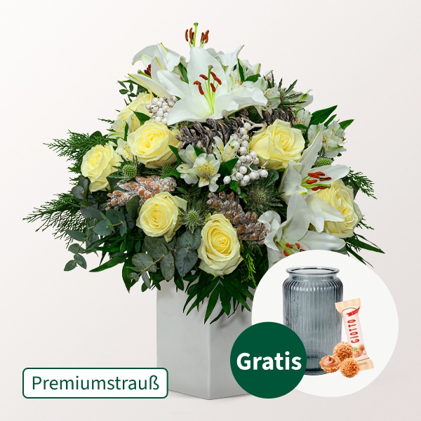 Premiumstrauß Snow White mit Premiumvase & Ferrero Giotto 3er